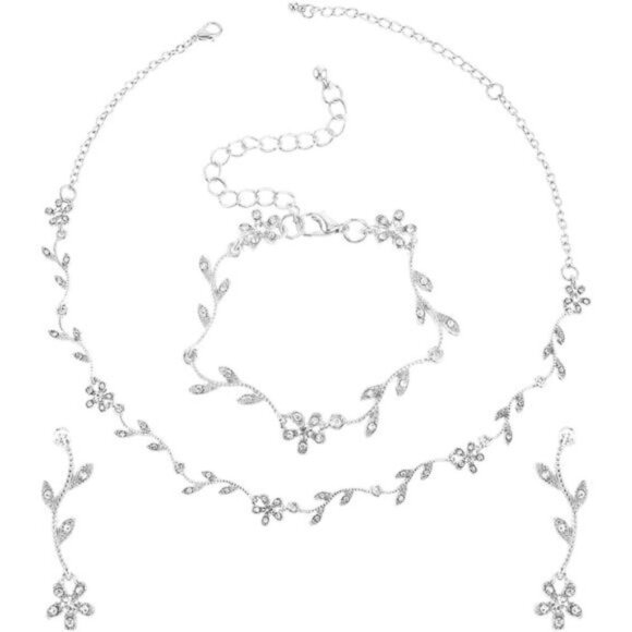 3 Piece Bridal Jewelry Set Crystal Necklace Earrings Bracelet Wedding Rhinestone - Picture 1 of 8